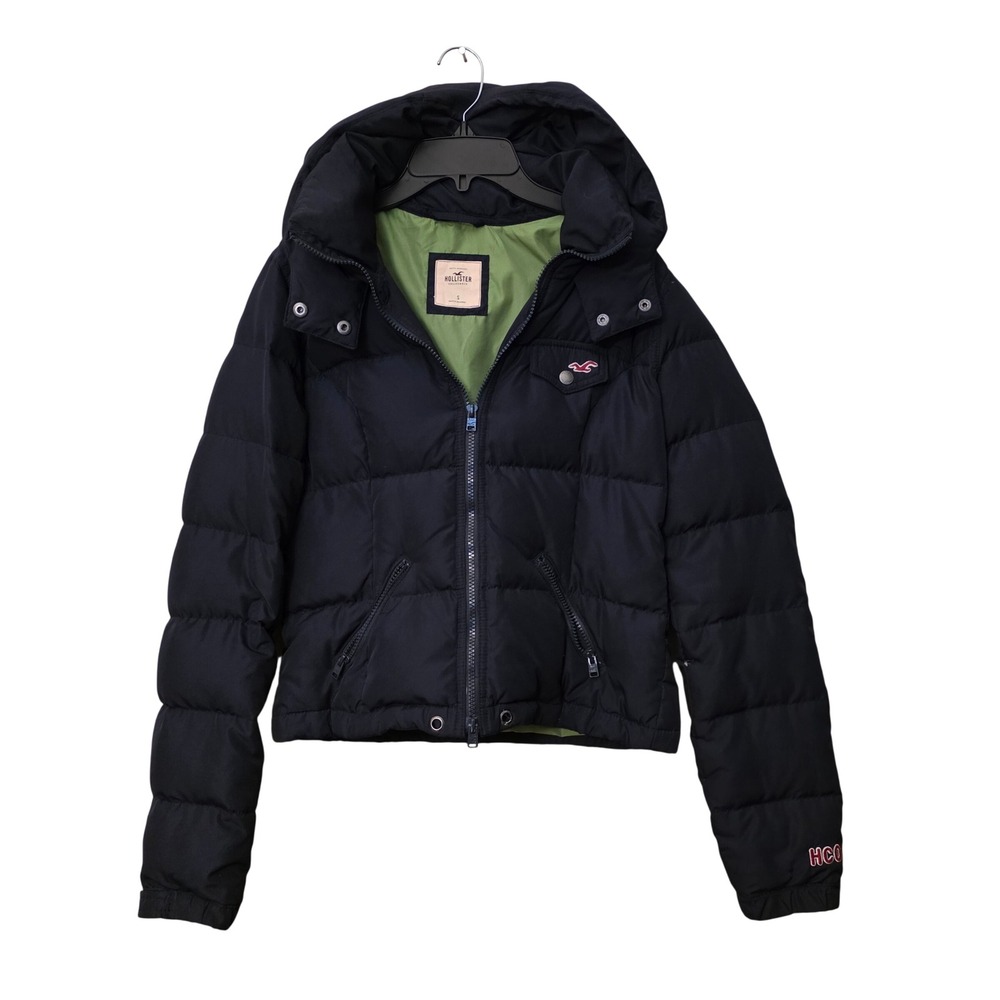 Hollister Navy Blue Hooded Puffer Jacket Down Blend Women's Small Green Lining